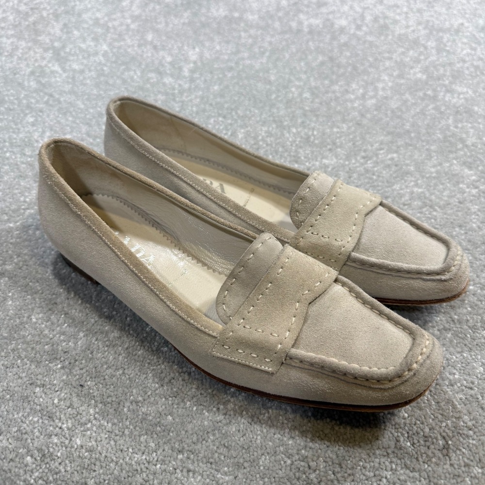 Prada Suede Penny Loafer Flats Beige EU37.5 Minimalist Classic Vintage Y2K Italy